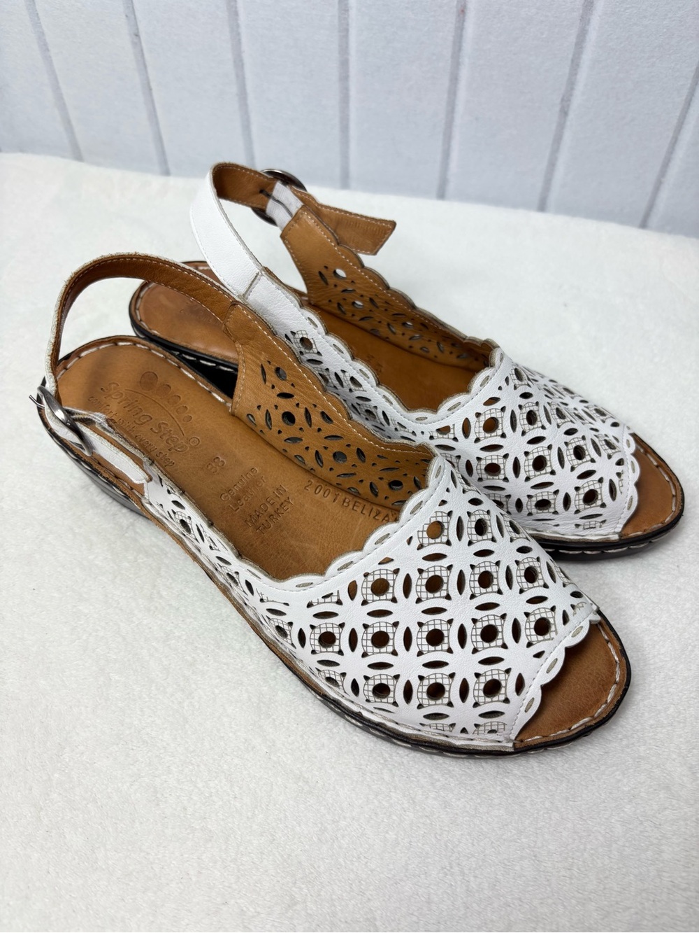 Spring Step leather White Laser-Cut‎ Slingback Sandals size 38